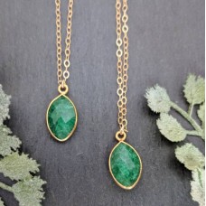 Emerald corundum 12x8mm marquise silver gold plated necklace